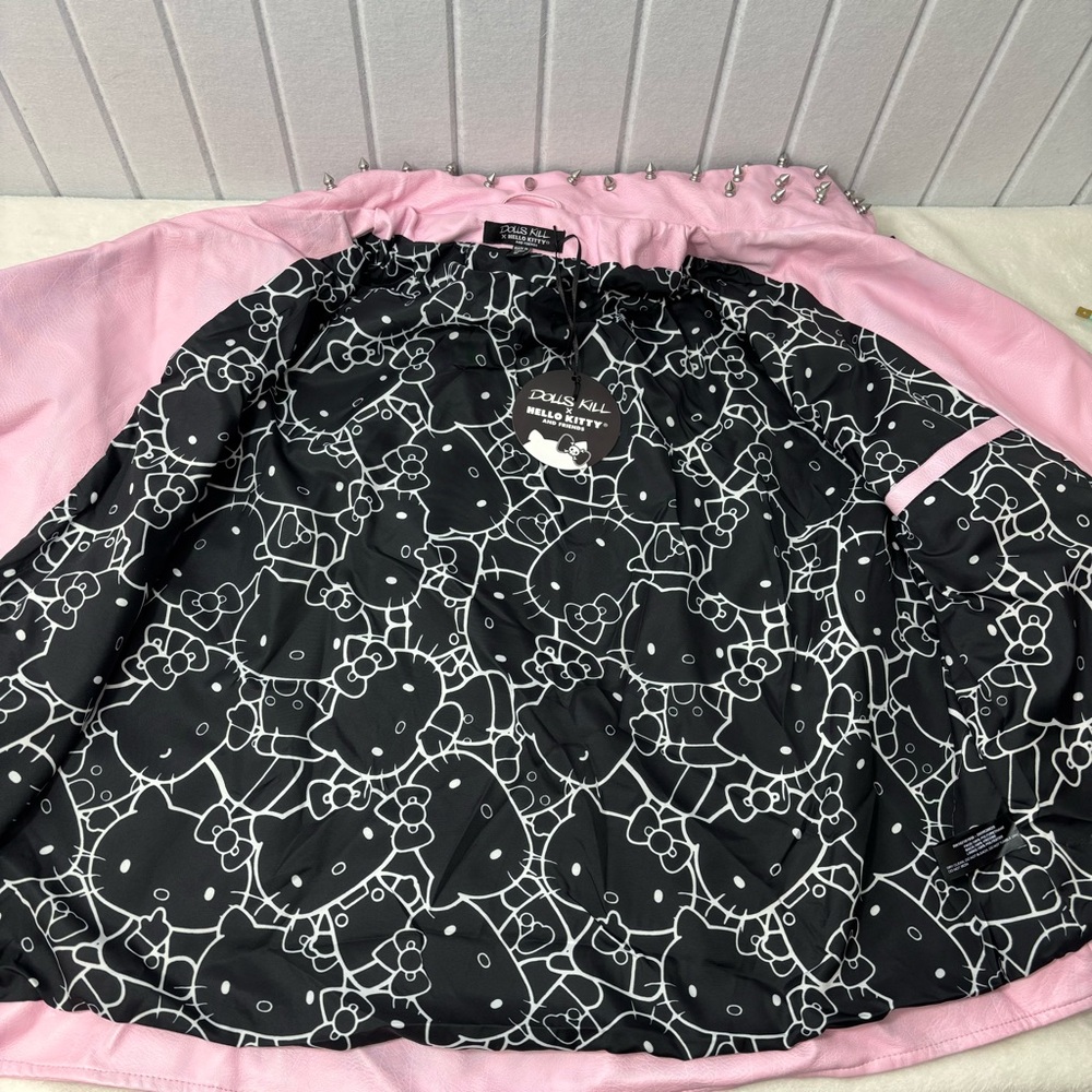 Dolls Kill X Hello Kitty Faux Leather Moto Jacket Spikes Full Lined Size L - Picture 9 of 15